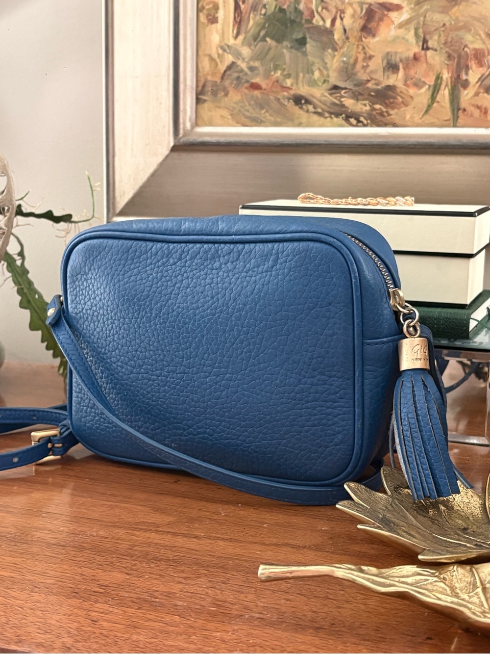 GiGi New York Blue Pebbled Leather Crossbody with Tassel